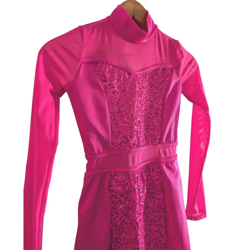 Balera Kids Pink Sequin Long Sleeve Dance Costume Leotard Dress Size‎ L RN64830